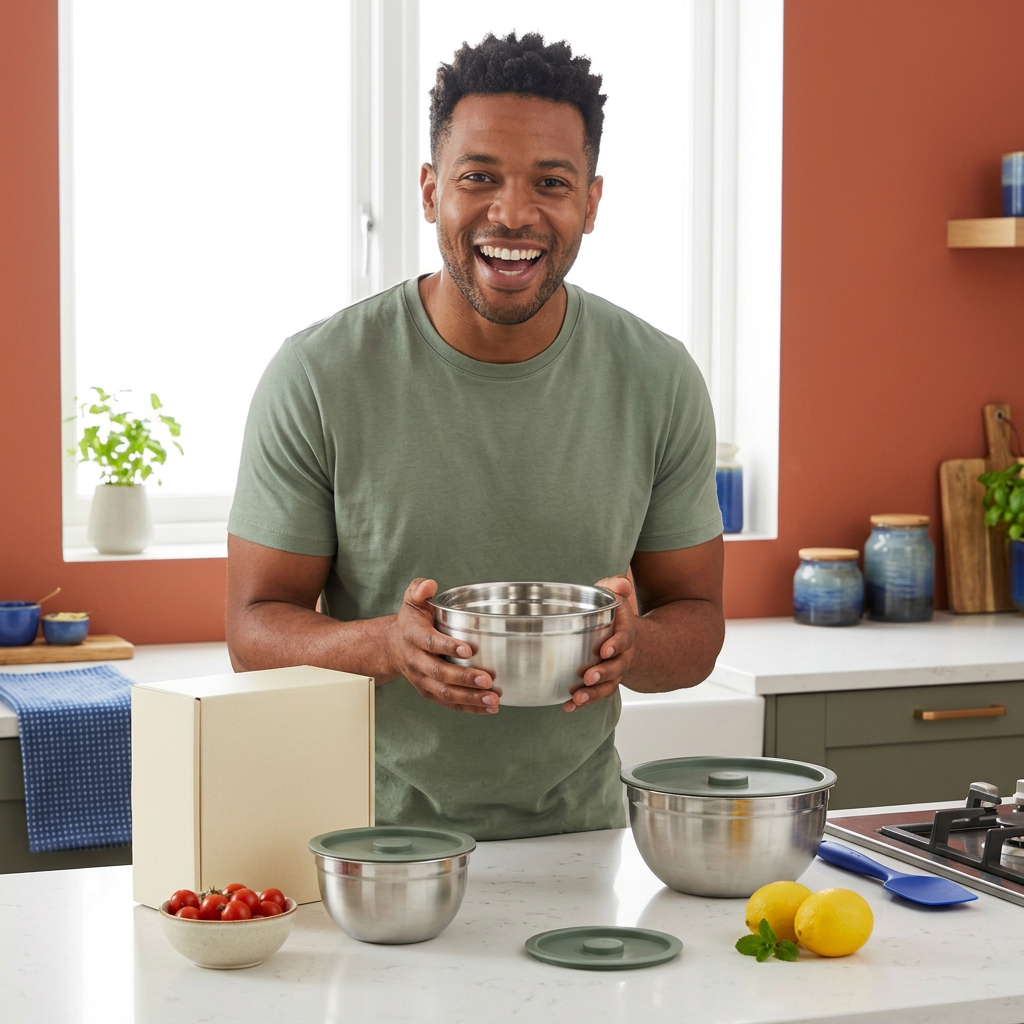 Male model holding mixing bowl concept